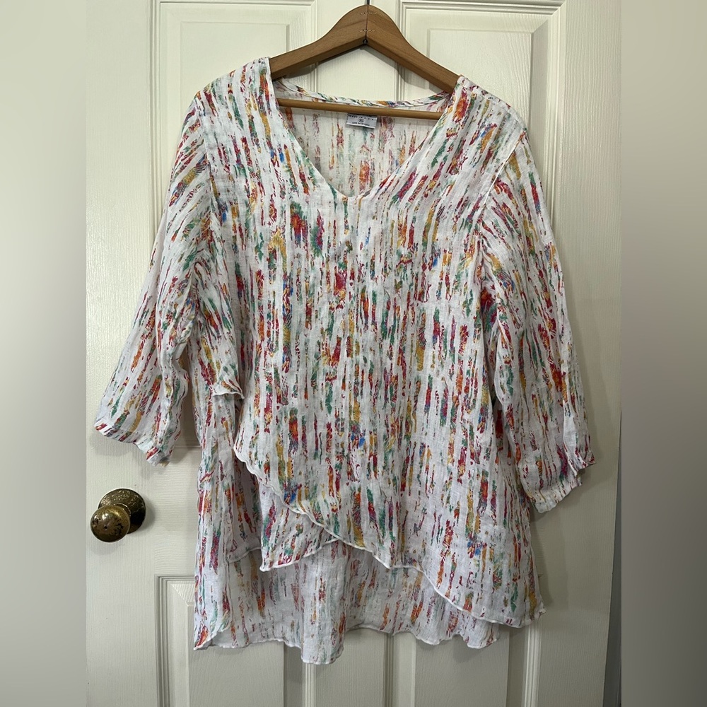 Click 100% Linen Multicolored Boho Artsy Blouse Size XL